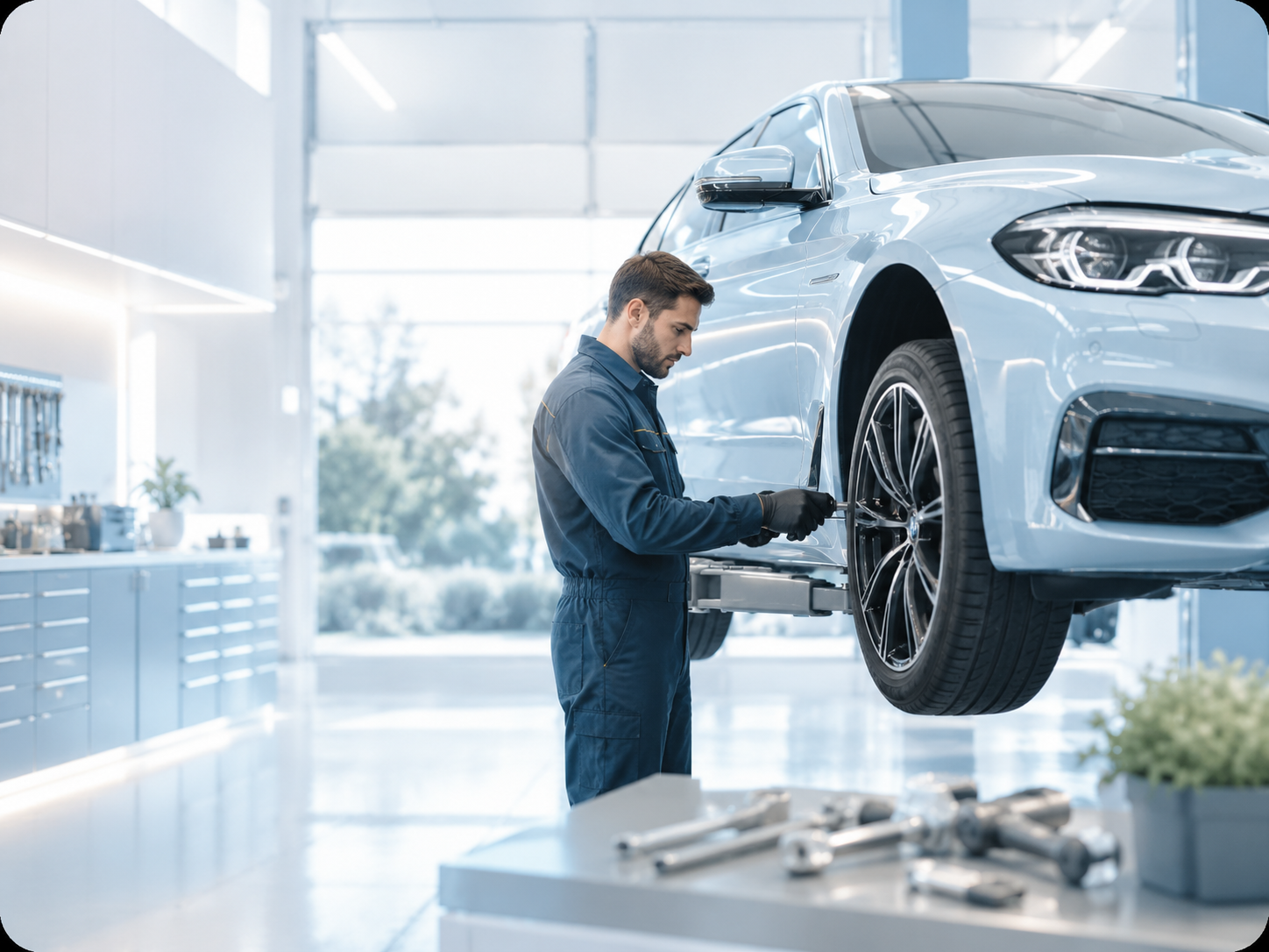 Premium auto repair bay with a vehicle on a service lift.