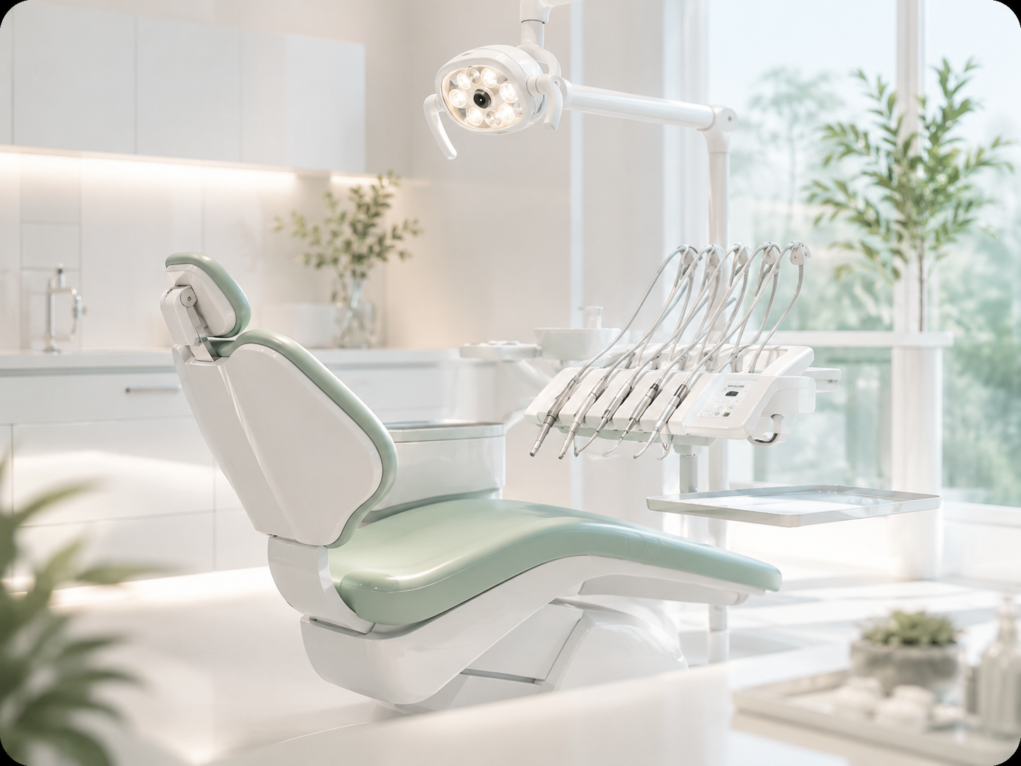 Modern dental operatory in soft mint and white tones.