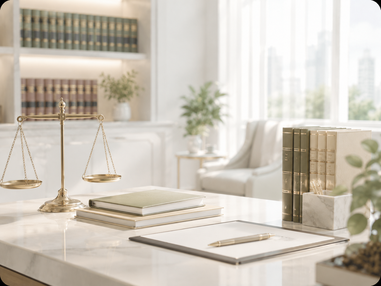 Elegant legal desk with law books in warm neutral tones.