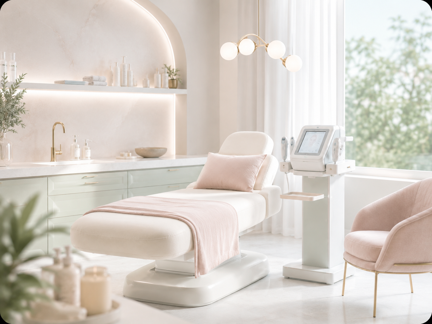 Refined aesthetic treatment room in soft blush and warm neutrals.